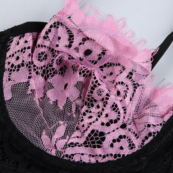 Pink and Black Spaghetti Strap Eyelash Lace Bra Set Garter and Panty L… - Picture 13 of 13
